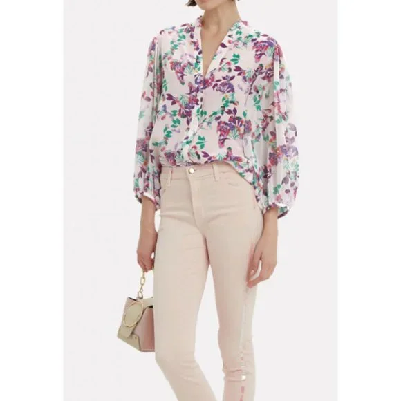 Saloni white lilac green floral print silk Chloe blouse - Picture 1 of 6
